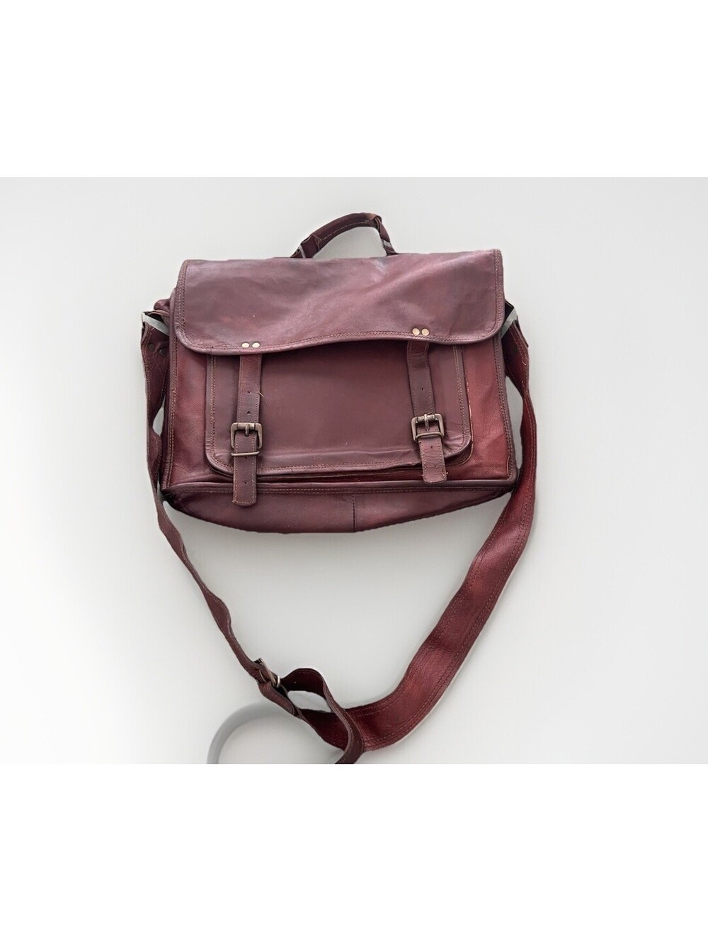 Vintage Messenger Computer Travel Bag Brown FauxLeather Large Distressed 16 X 14